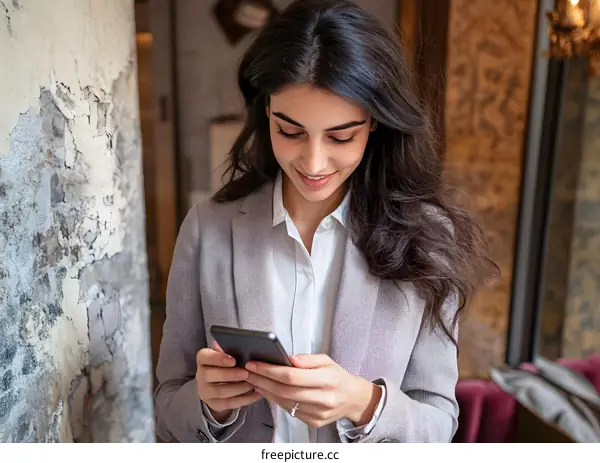 Young Woman with Long Hair Smiling at Her Phone