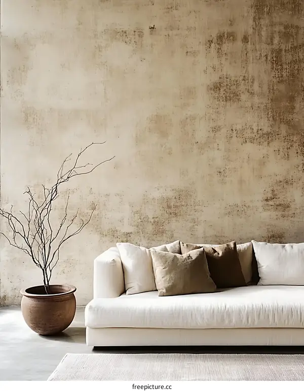 Modern Minimalist Beige Sofa in a Rustic Living Room