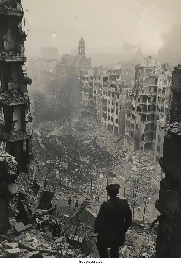 A British police officer looks out over the ruins of London after a German air raid during the Blitz, 1940.