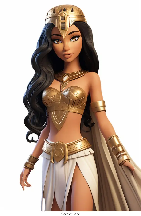 An illustration of a beautiful Egyptian queen with long black hair wearing a golden outfit and a headdress