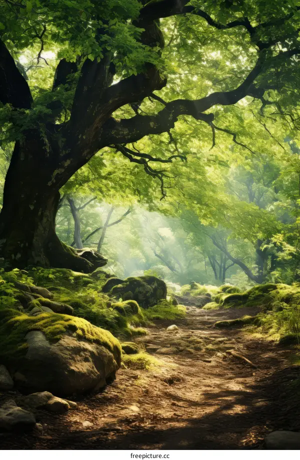 The sun shines through the forest