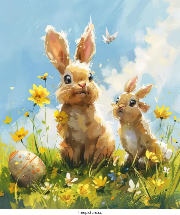 Two rabbits in a field of flowers