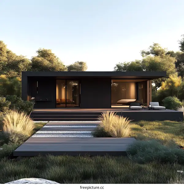 Modern Minimalist Black House with Grassy Lawn