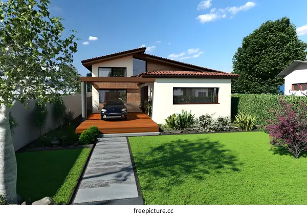 Modern House with Yard and Car
