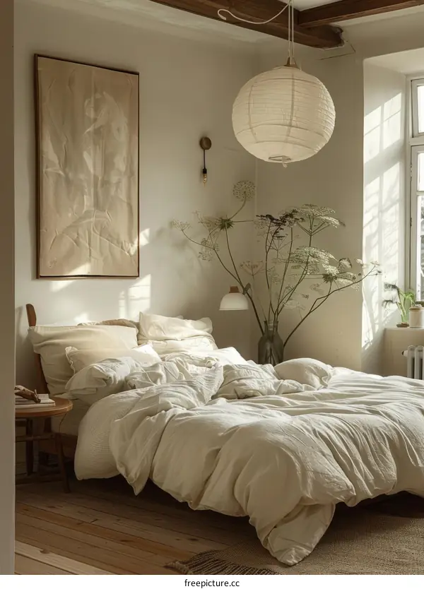 Minimalist Bedroom with Large Bed, Painting, Flowers, and Paper Lantern