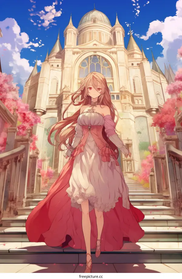 anime girl with pink dress standing in front of a castle