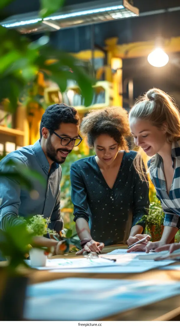 Three people in a greenhouse looking at plans