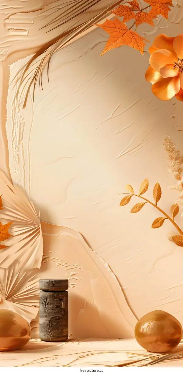 Autumn Leaves and  Geometric Shapes on a Sandy Background