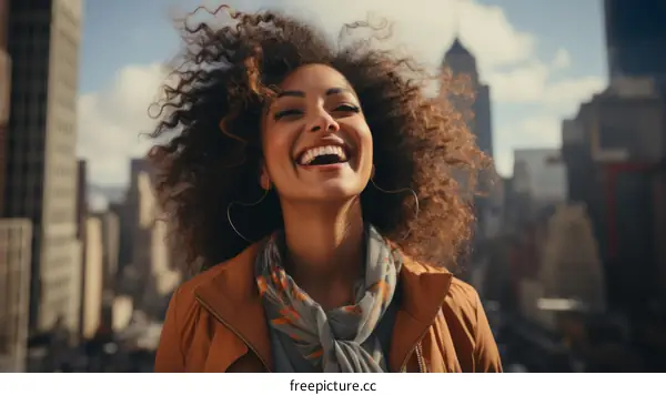 Laughing woman with curly hair in the city