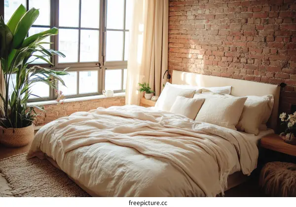 Cozy Bedroom with Brick Wall and Linen Bedding