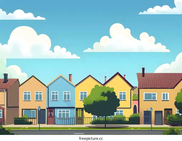 Cartoon Illustration Of Colorful Houses On A Sunny Day