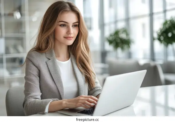 Business Woman Working on Laptop in Modern Office