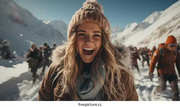 Ecstatic blonde woman having fun in the snow with friends
