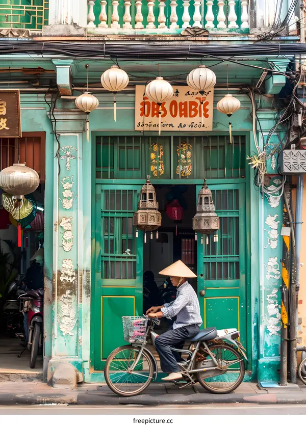 Man on a Motorbike in Front of a Shop with Lanterns in Hoi An Vietnam