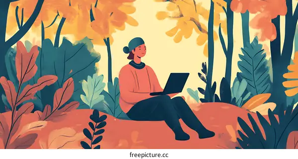 Woman Sitting in Forest with Laptop