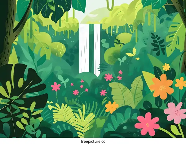 Jungle Waterfall Illustration with Flowers