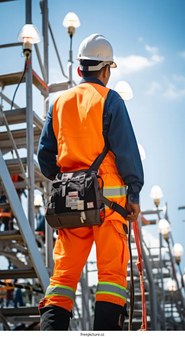 man wearing hardhat and safety vest standing on scaffolding at industrial site