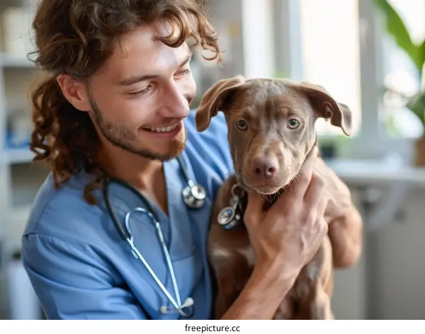 Young male veterinarian holding a puppy in his arms and smiling