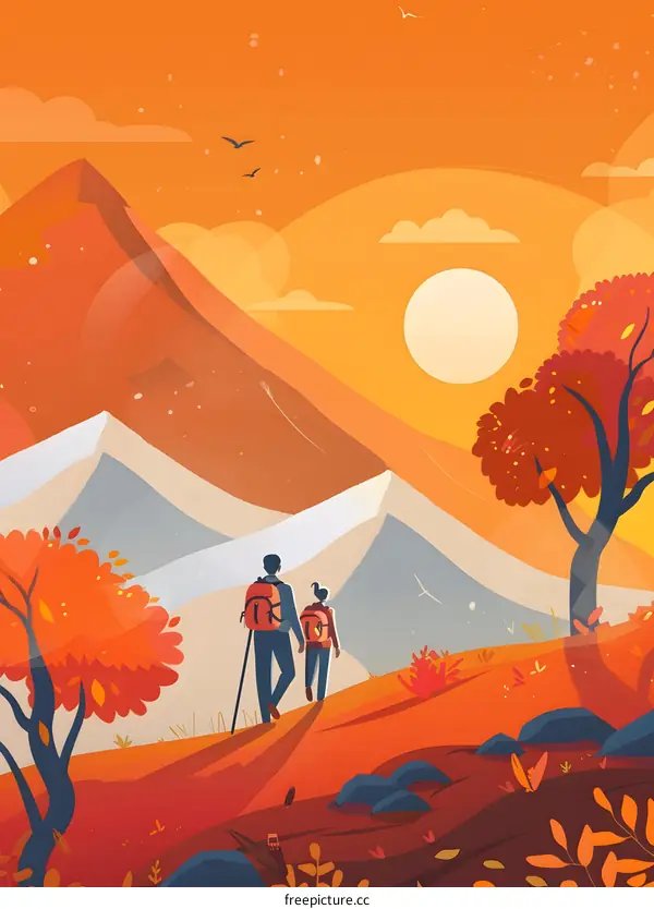 Couple Hiking Mountain Landscape Illustration
