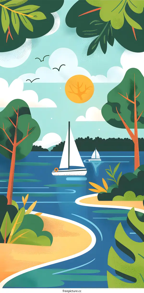 Summer Landscape with Sailing Boats and Sun