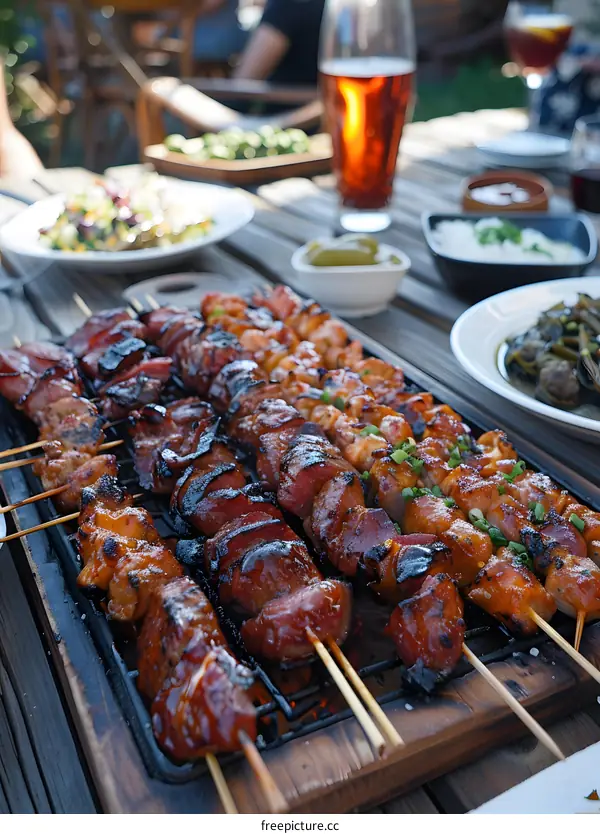 Grilled skewers on a wooden board