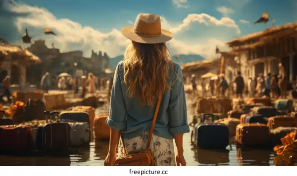 woman in a straw hat standing in a flooded city