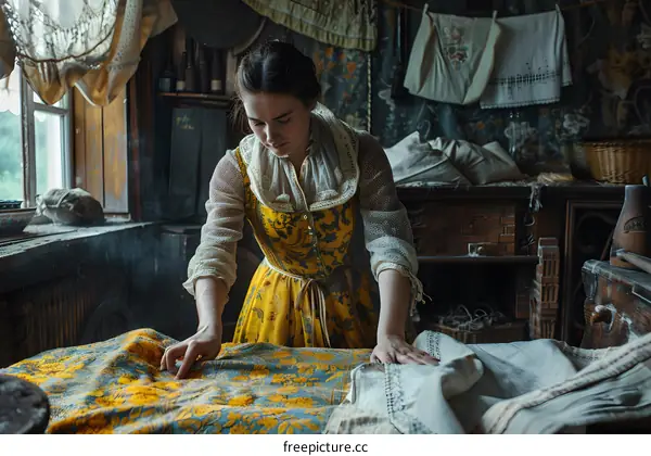 A young woman in a yellow dress is sewing a piece of cloth