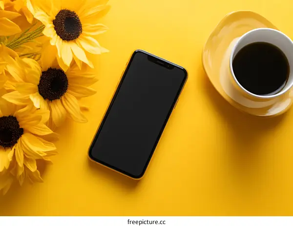 Yellow Background With Coffee Cup, Phone And Sunflowers