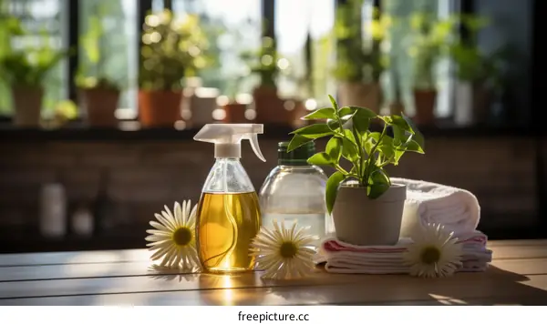 Natural cleaning products with flowers on a wooden table