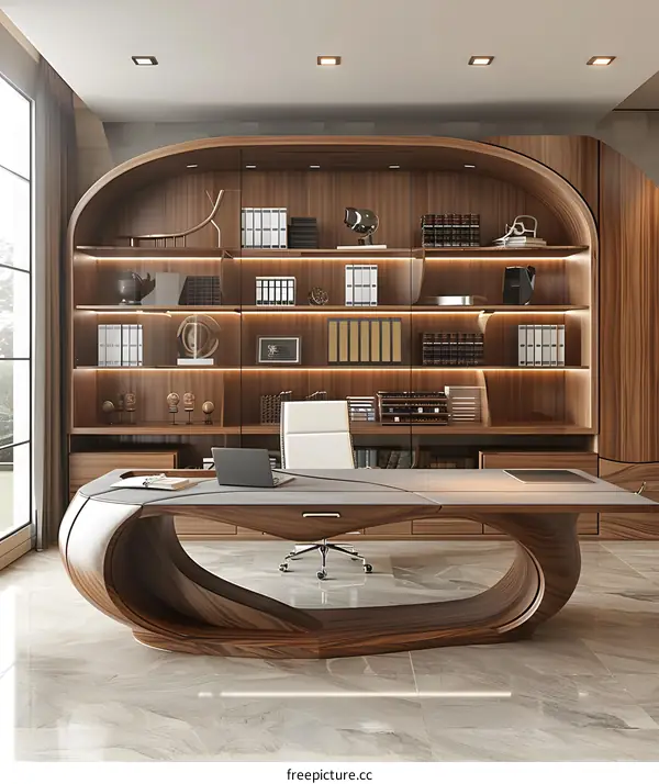 Luxury wooden home office interior with curved wooden bookshelf and desk