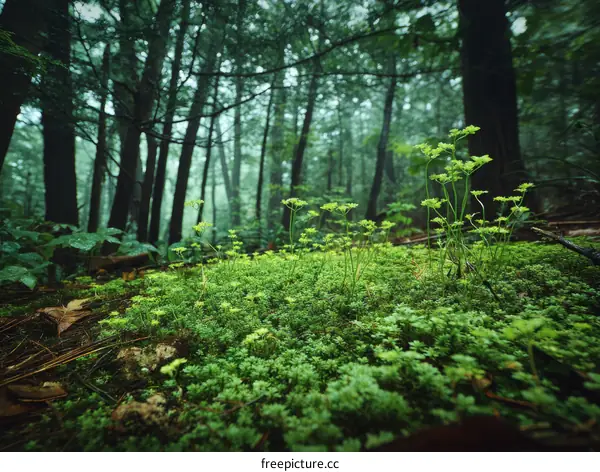 Forest Floor Covered with Moss and Small Plants