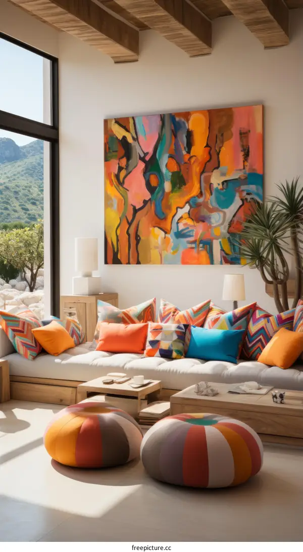 Eclectic Living Room with Colorful Artwork and Mountain Views