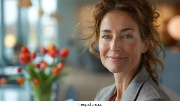 Portrait of a smiling middle-aged woman with curly hair