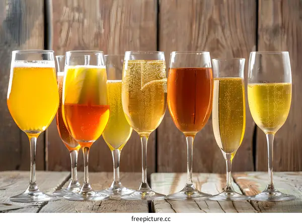 Different Types of Alcoholic Beverages in Glasses on Wooden Table