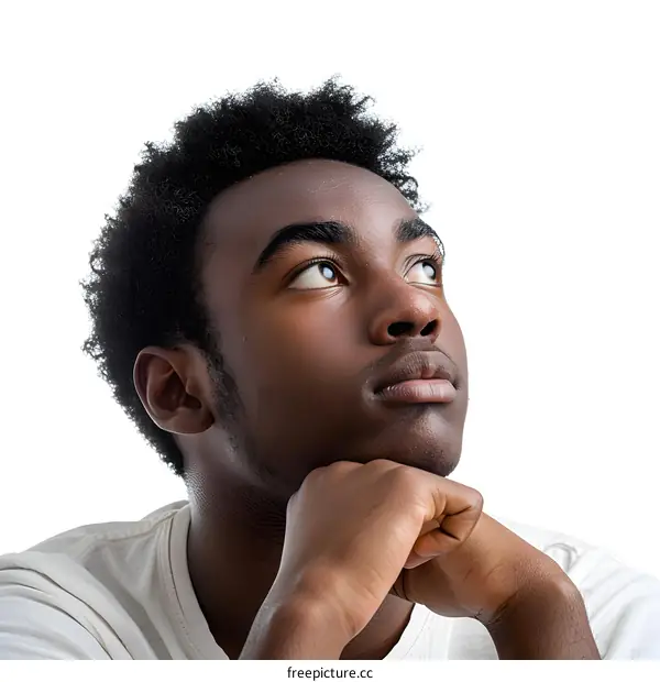 A young African-American man with a thoughtful expression on his face