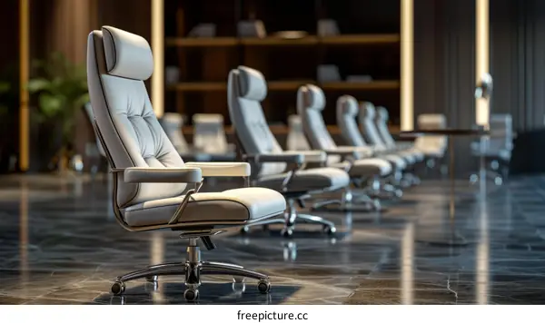 A row of empty leather chairs in a conference room