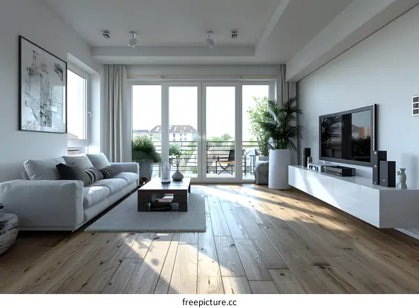 Bright modern living room interior with large windows