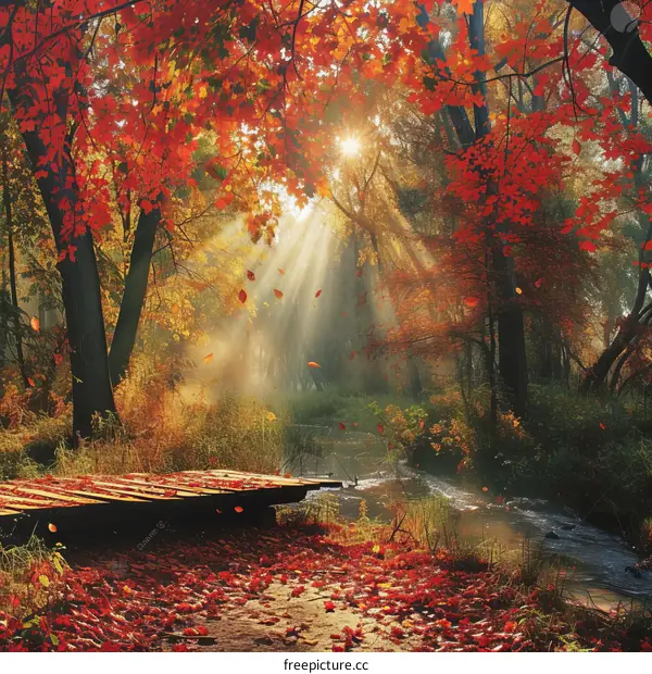 Wooden bridge in the middle of the colorful autumn forest with a creek running through it