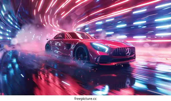A red sports car speeds through a tunnel of colorful lights