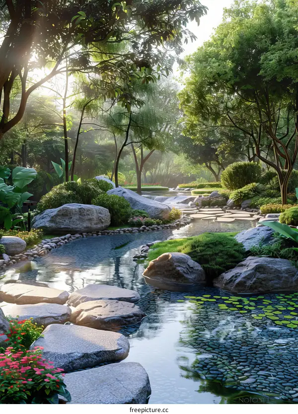 Pebble path through a tranquil Japanese garden
