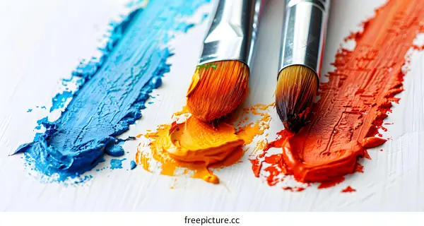 Paintbrushes with blue, yellow and red paint