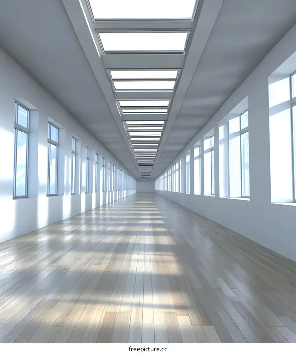 Modern Empty White Corridor with Windows and Wooden Floor