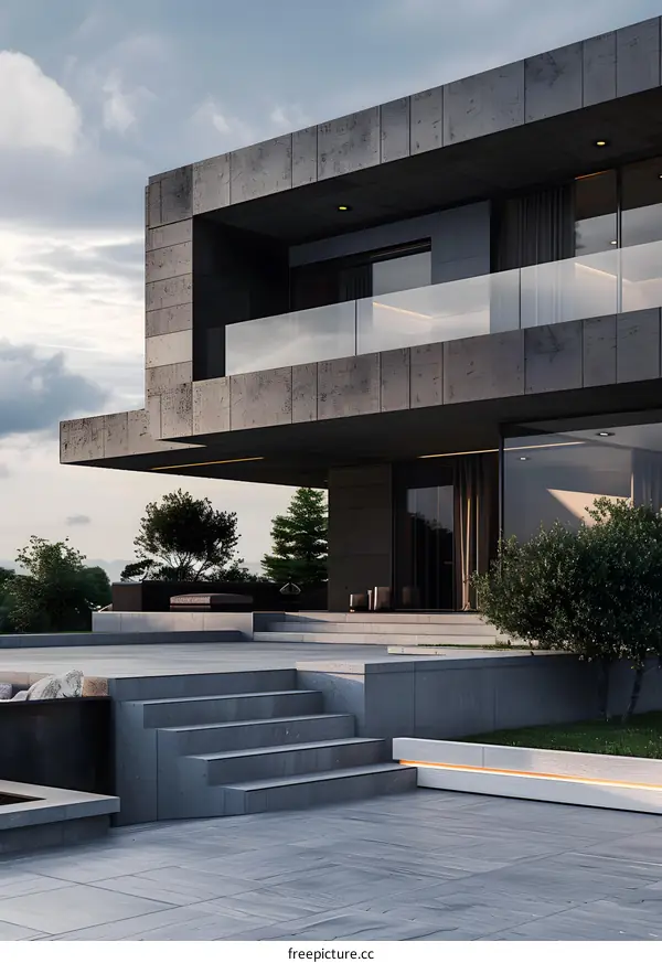 Modern Home Exterior with Concrete Patio and Steps