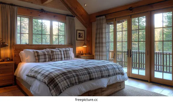 Rustic Wooden Bedroom with Large Windows and Patio Doors