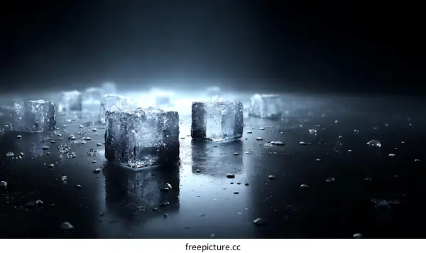 Ice Cubes on Dark Surface with Reflections