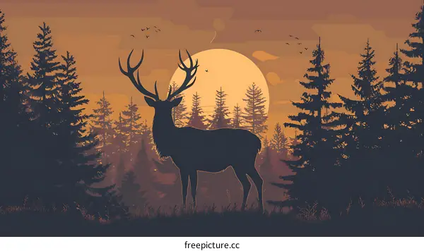 Silhouette of a Deer in the Forest at Sunset