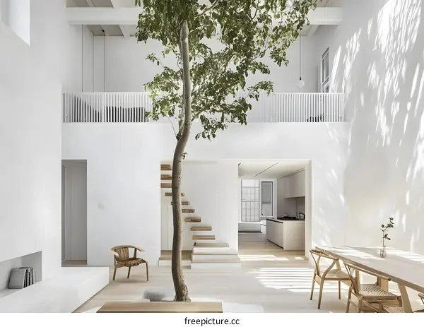 Modern Minimalist Interior Design with Tree in Living Room
