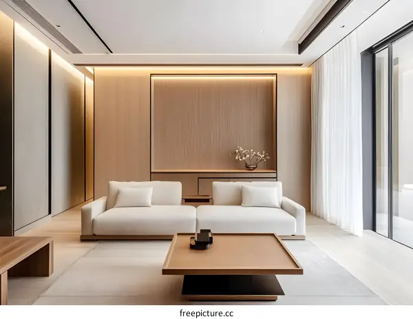 Minimalist Living Room Interior Design with Wooden Wall Panels and White Sofa