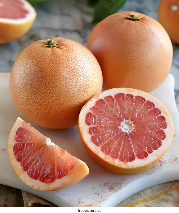 Fresh Ripe Grapefruit on a White Cutting Board