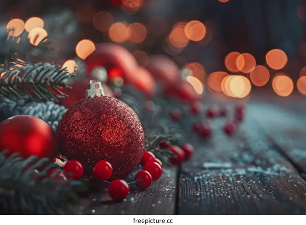 Red Christmas Ornaments with Fir Branches on Wooden Table